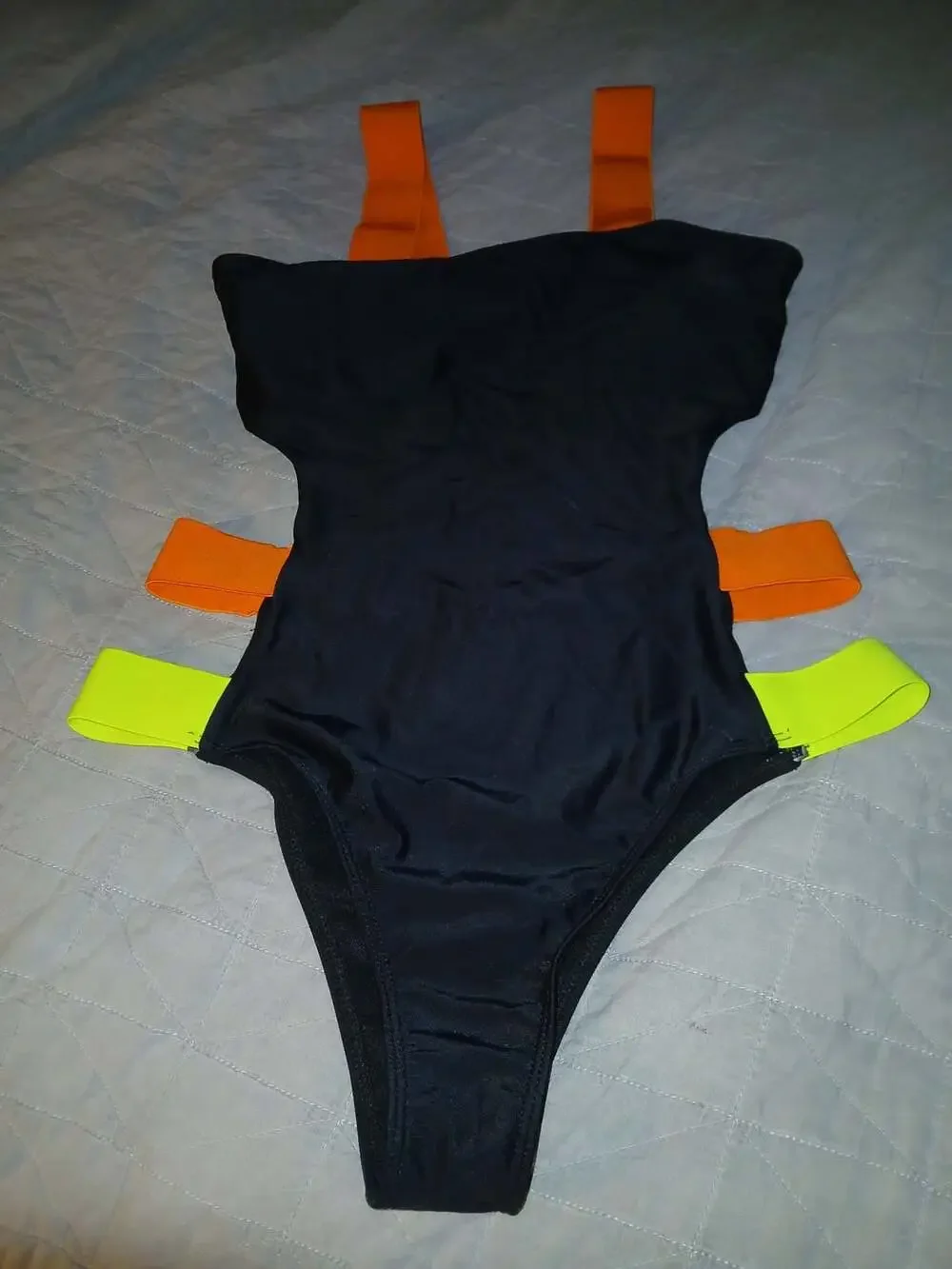 Unbranded Black Cutout One-Piece Swimsuit with Neon Straps Size L